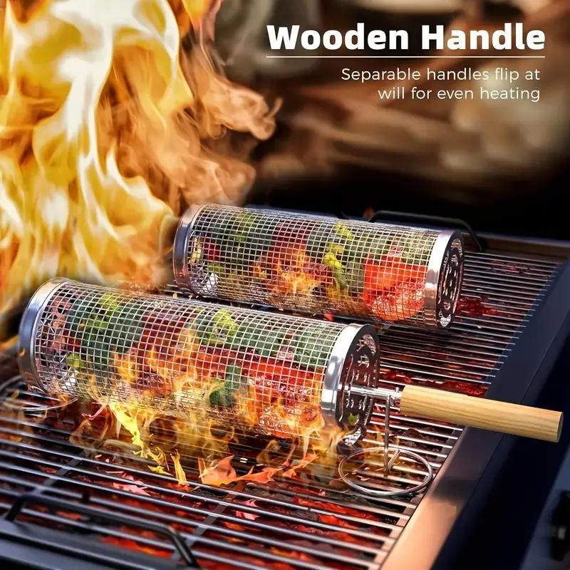 Outdoor Camping Cooking Set - Lebensmittelechter Edelstahl-Grillkorb-Set, runder Grillkorb aus Drahtgeflecht