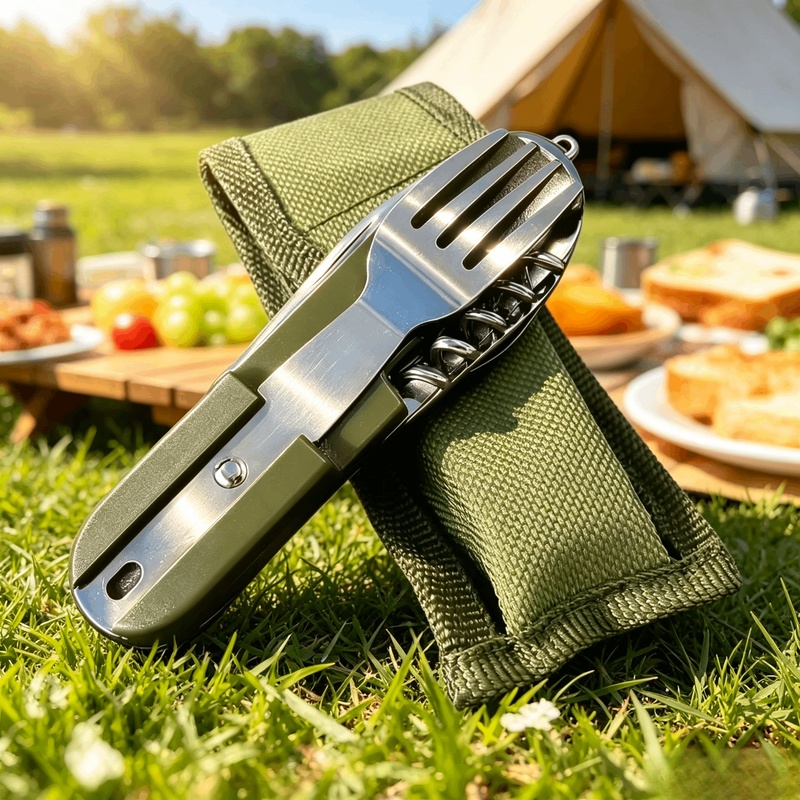 Outdoor Camping Dining Set - Edelstahl 7-in-1 Camping-Besteckset, faltbares multifunktionales Geschirr,