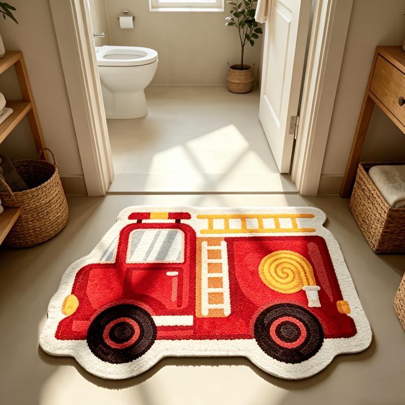 Japanese Outdoor Camping - VIKAMA Cartoon-Feuerwehrauto-förmige Plüsch-Absorbierende Bodenmatte, Schlafzimmer-Bettvorleger, Eingangsbereich-Matte