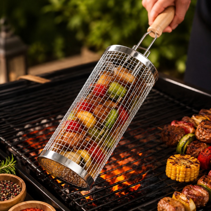 Outdoor Camping Cooking Set - Runder Grillkorb-Set aus Edelstahl, rollbarer Stahlgitter-Grill