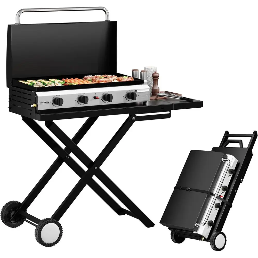 Outdoor Camping Griddle - Tragbarer 4-Brenner Propan-Grill mit Rädern, Emaillierter